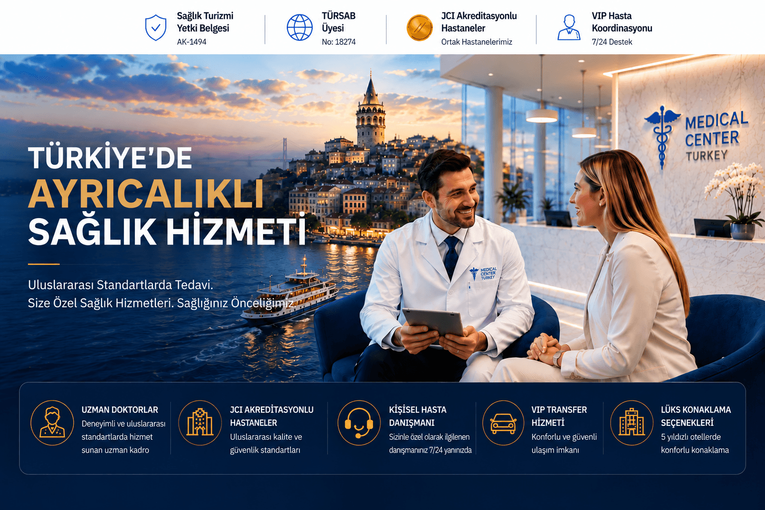 Türkiye'de Ayrıcalıklı Sağlık Hizmeti — Medical Center Turkey: İstanbul'da doktor ve hasta görüşmesi, Galata Kulesi manzarası, sağlık turizmi yetki belgesi, TÜRSAB üyeliği, JCI akreditasyonlu ortak hastaneler ve VIP hasta koordinasyonu